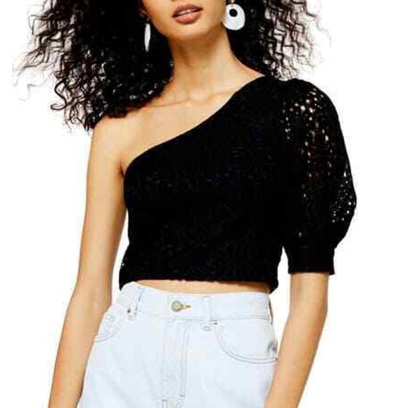 Topshop Tops - Topshop One Shoulder Black Lace Puff Sleeve Crop Top Size 6